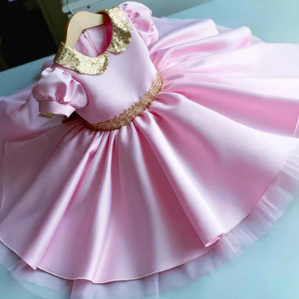 Elegant Baby Girls Pink Satin Birthday Princess Dress Toddler Christening Dresses