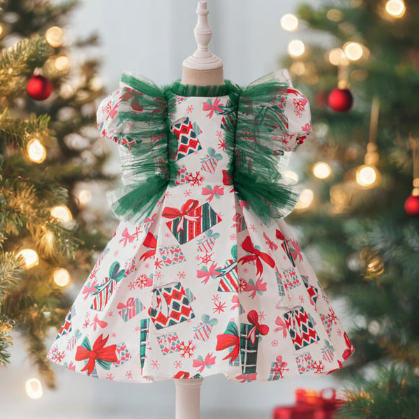 Retro Printing  Christmas Dress Baby Girl Christmas Dress Sequined Christmas Dress