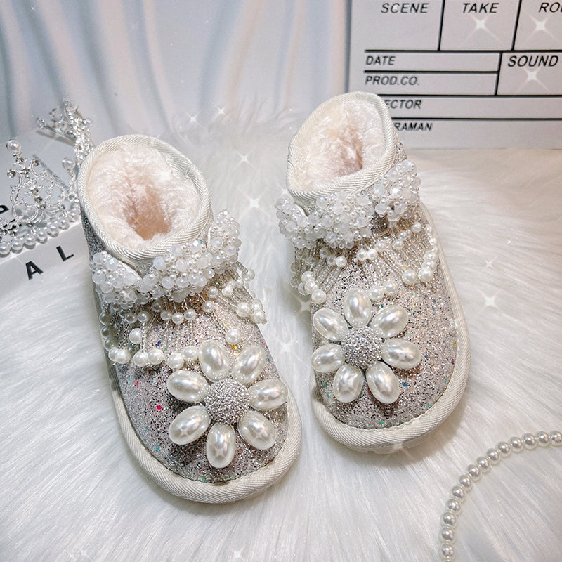 Girls Silver Velvet Thickened Boots Children's Winter Cotton Shoes