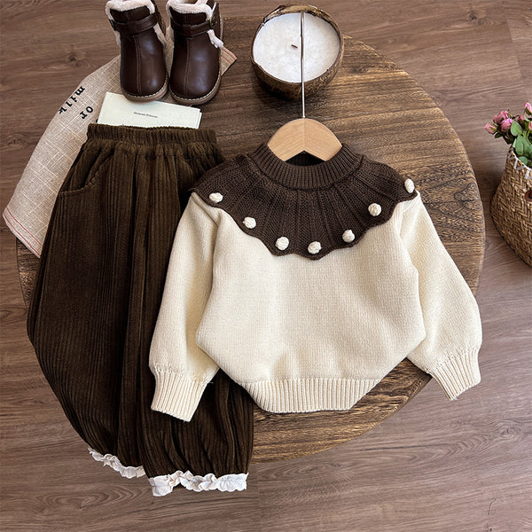 Girls' Thick Sweater with Children's Winter Pants Two-piece Set