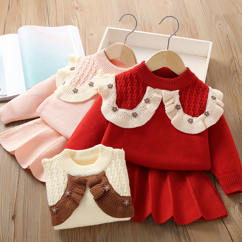 Fake Collar Flower Knitted Girls Sweater Two Piece Set