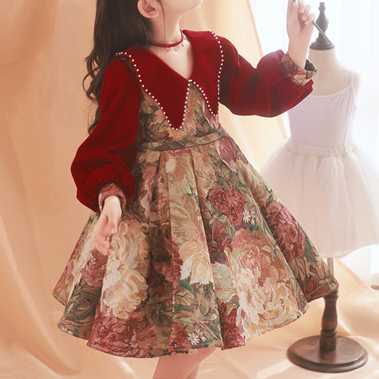 Cute Baby Girl Printing Flowers Dress Toddler Pageant First Communion Princess Dress