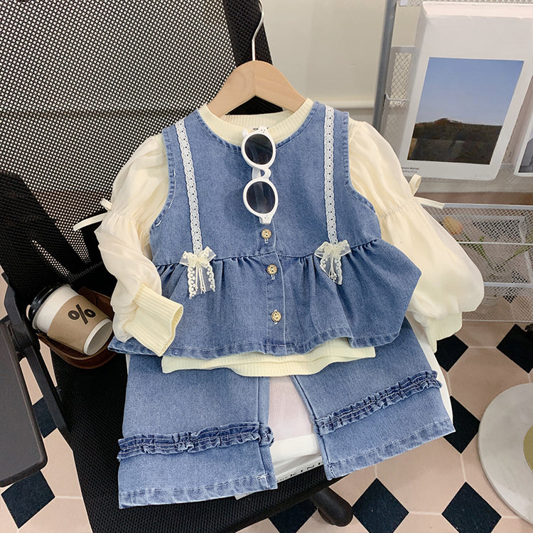 Girls Spring Suit Baby Girl Denim Clothes Three-piece Suit