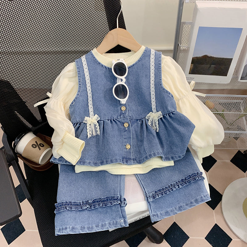 Girls Spring Suit Baby Girl Denim Clothes Three-piece Suit