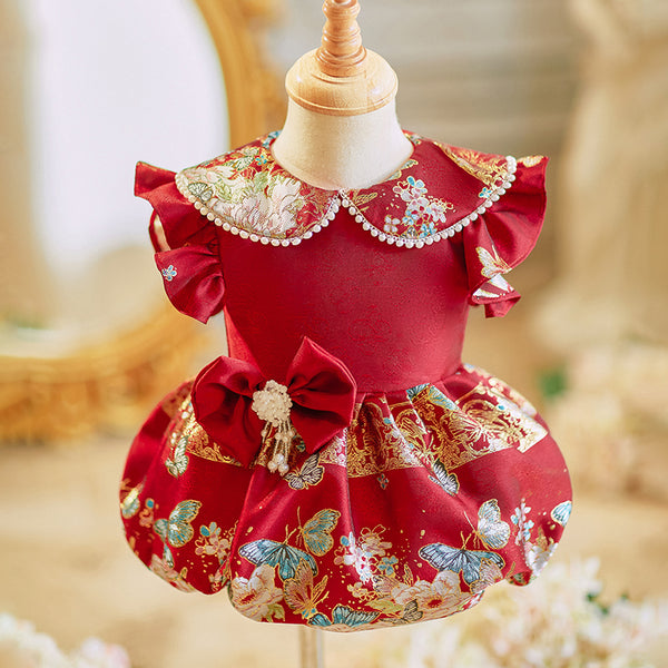 Cute Baby Girl Baptism Dress Red Embroidered Dress Toddler Birthday Trailing Princess Dress