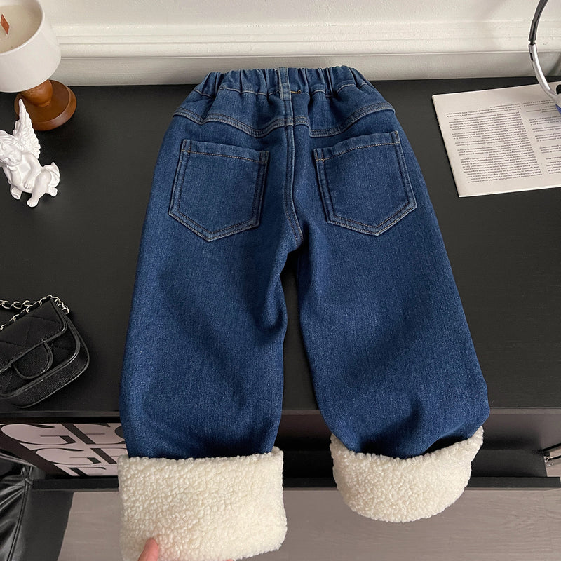 Girls Winter Thick Fur Denim Trousers