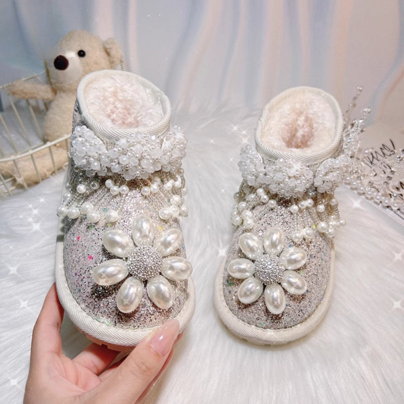 Girls Silver Velvet Thickened Boots Children's Winter Cotton Shoes