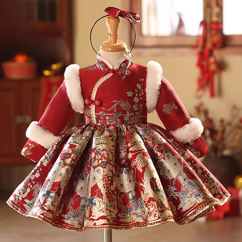 Children's Red New Year Christmas Dress Girls Birthday Party Princess Dress