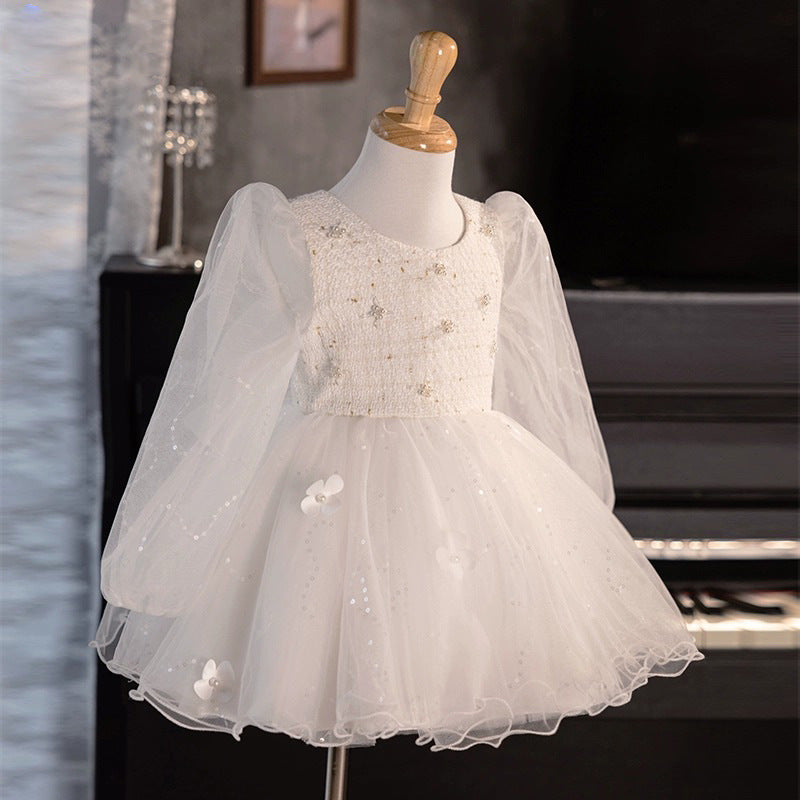 White Children's Birthday Dress Girls Spring Fluffy Princess Dress