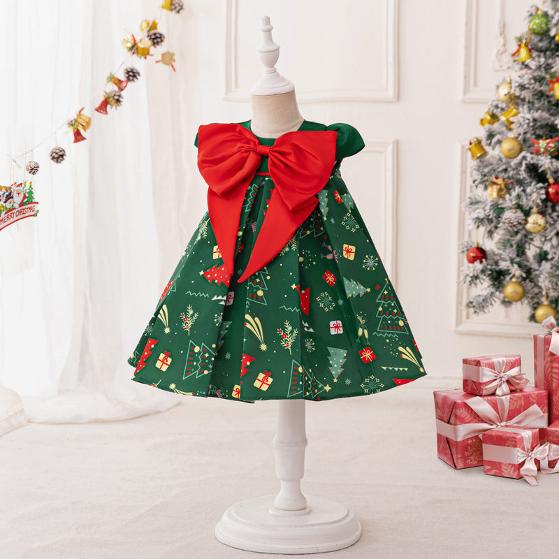 Printing Bow Christmas Dress Baby Girl Christmas Dress Cute Christmas Dress