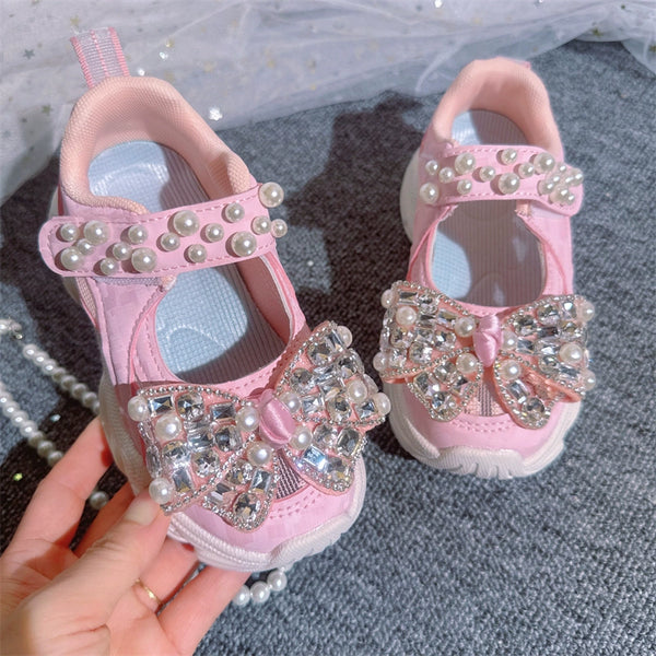 Girls Mesh Hollow Sneakers Pearl Bow Pink Shoes