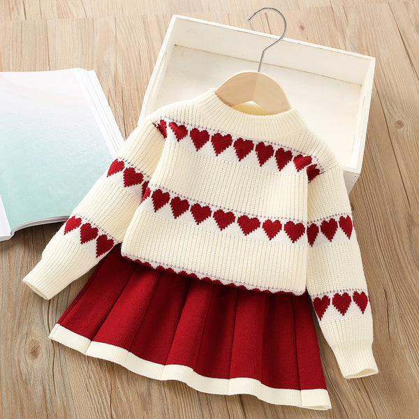 Girls Long-sleeved Heart Knitted Sweater Two-piece Set