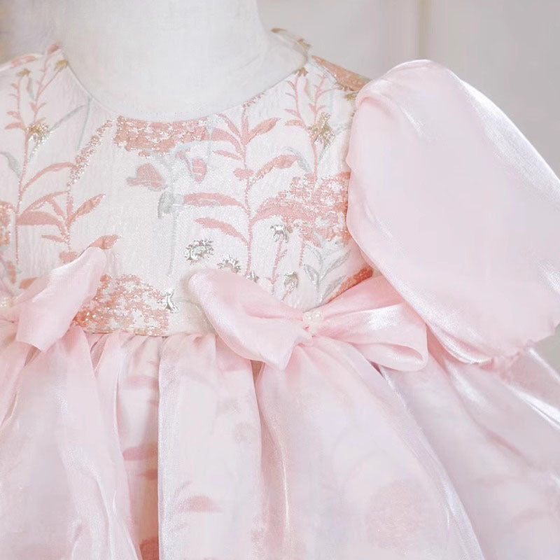 Elegant Baby Pink Puff Sleeve Princess Dresses for Girls Toddler Birthday Costume Princess Dress