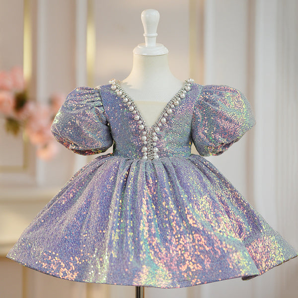 Elegant Baby Girls Purple Puff Sleeve Pearl Collar Puff Princess Dress Toddler Party Dresses