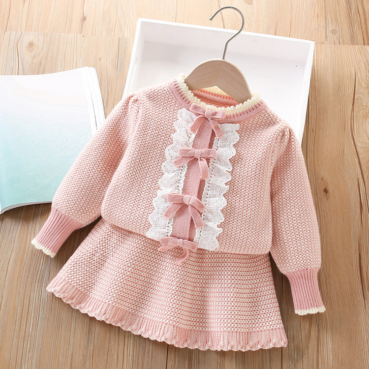 Baby Bow Knitted Long Sleeve Cardigan Two-Piece Set