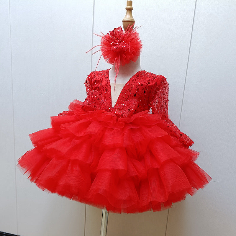 Girl Christmas Dress Toddler Sequin Fluffy Beauty Pageant Birthday Princess Dress