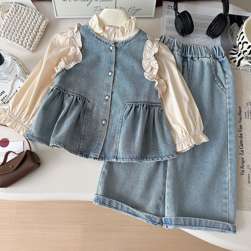 Cute Girls Denim Suit children's Denim There Piece Suit