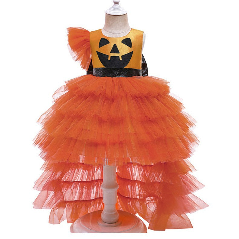 Halloween Girls Dresses Pumpkin Cake Trailing Dresses