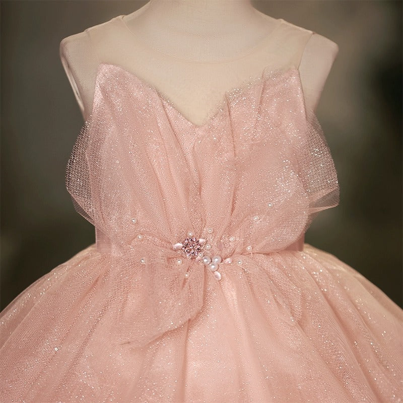 Elegant Baby Girls Sleeveless Tulle Ball Dresses Toddler Pink Pageant Dresses