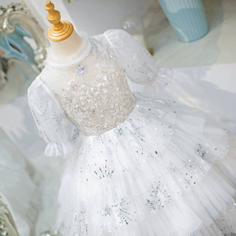 Elegant Baby Girls White Sequined Tutu Dress Toddler First Communion Dress