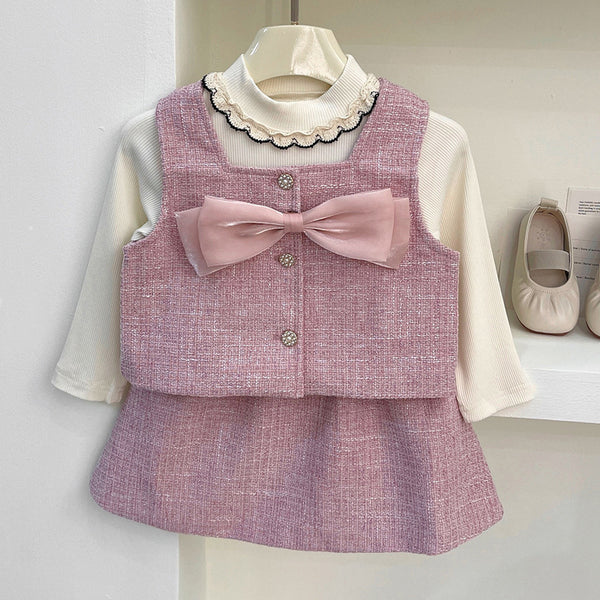 Girls Bow Coat Round Neck Lace Cardigan and Skirt Three-piece Set