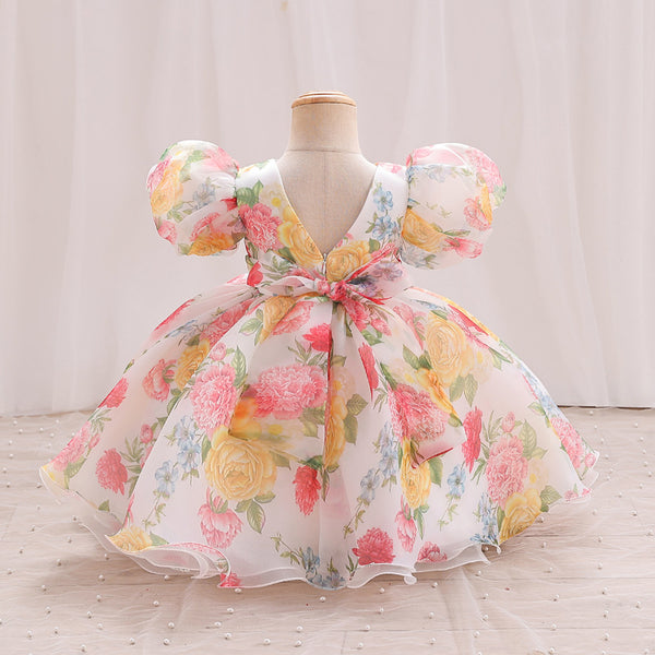 Elegant Baby Girls Puff Sleeve Floral Princess Dress Toddler Formal Dresses