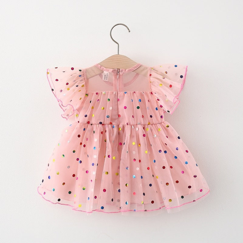 Girls Dot Princess Mesh Dress Children's Short Sleeve Dress