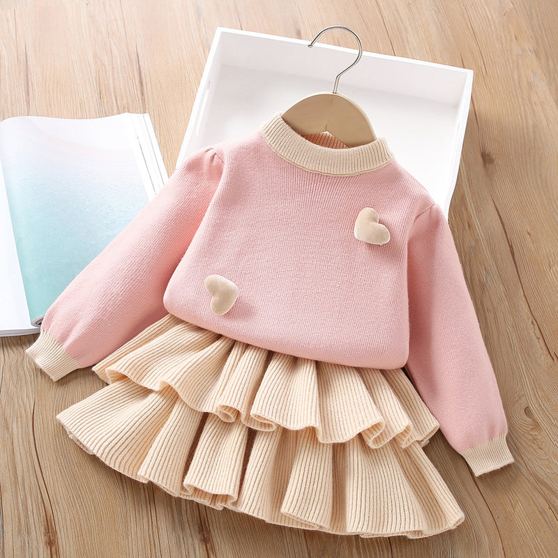 Solid Color Heart Knitted Long-sleeved Cake Skirt Two-piece Set