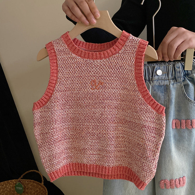Contrast Color Knitted Vest Jeans Toddler Two Piece Set