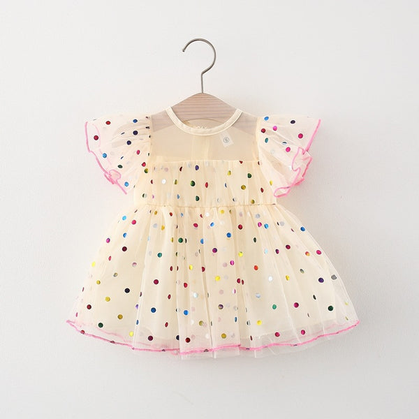 Girls Dot Princess Mesh Dress Children's Short Sleeve Dress