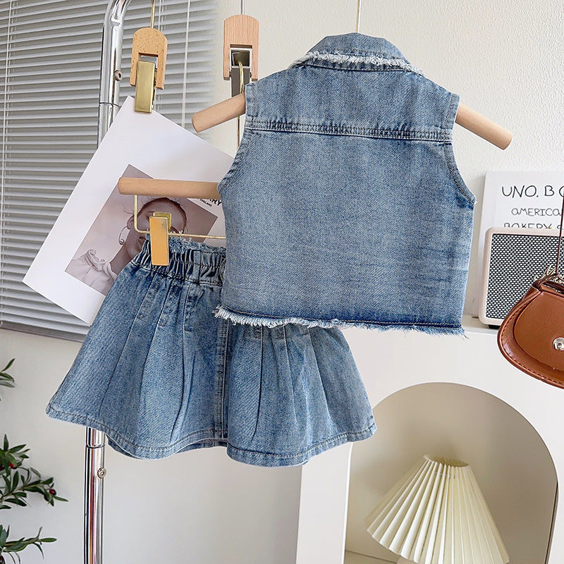 Girls Summer Suit Set Denim Pleated Skirt Two-piece Set