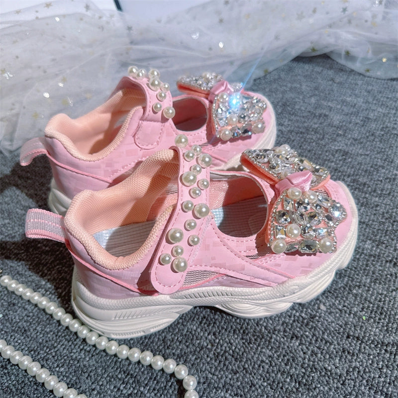 Girls Mesh Hollow Sneakers Pearl Bow Pink Shoes