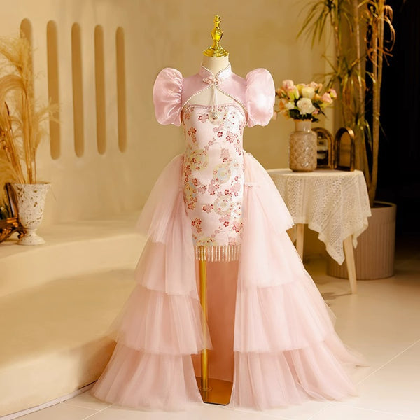 Elegant Baby Girls Pink Floral Train Ball Gowns Little Girl Dresses