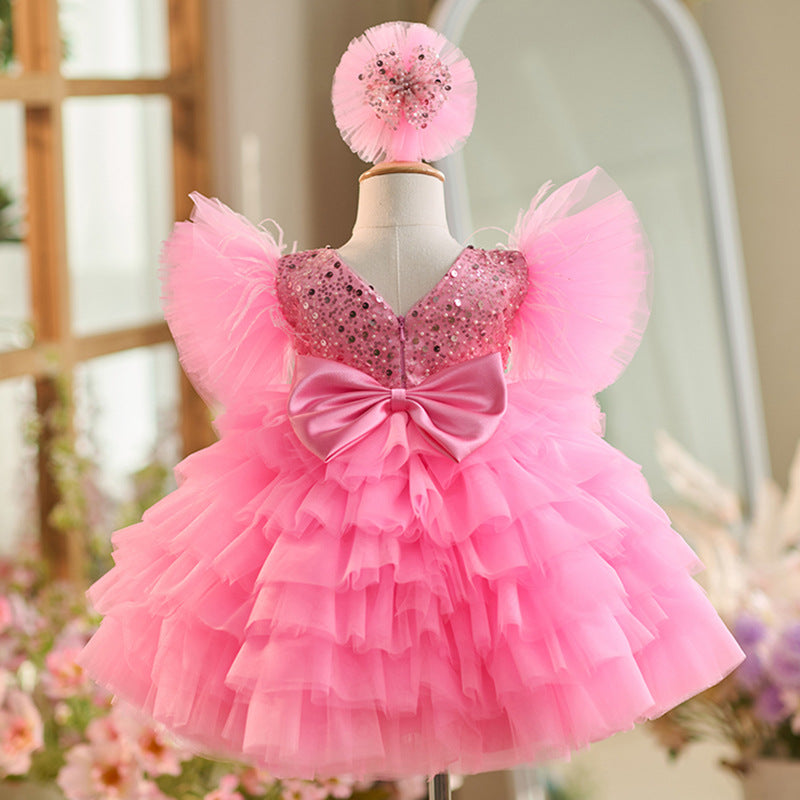 Elegant Girls Fluffy Sequined Dress Toddler Birthday Princess Dress