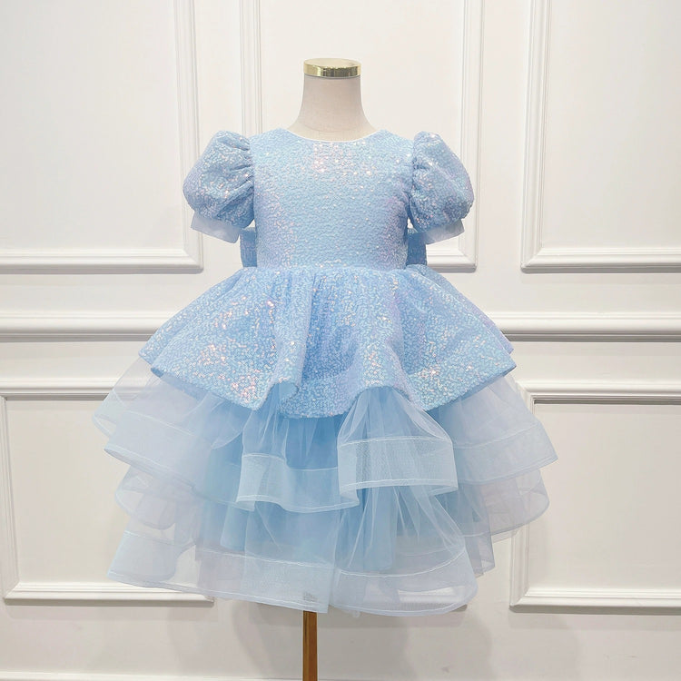 Blue Girls Birthday Sequin Dress Children's Puff Sleeve Party Princess Dress