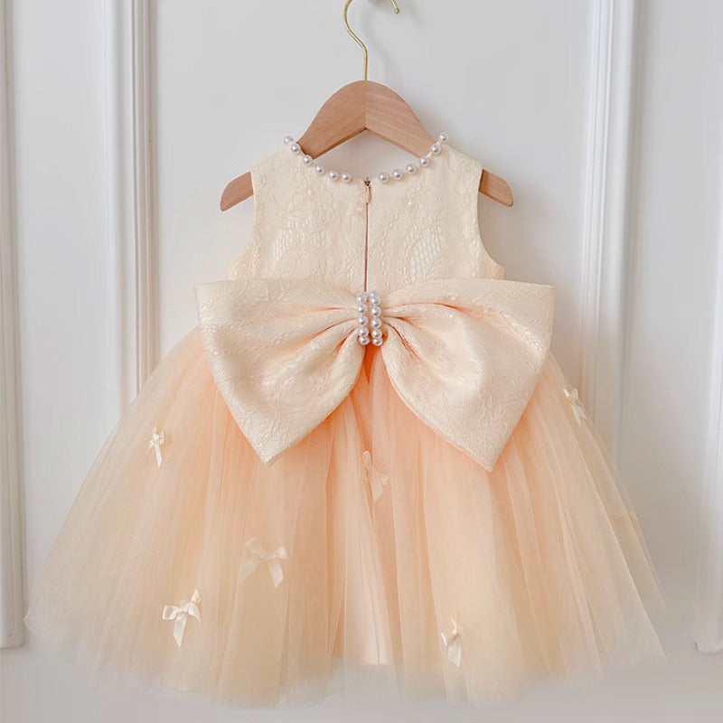 Cute Baby Champagne Bow Fluffy Gauze Dress Toddler Birthday Party Dress