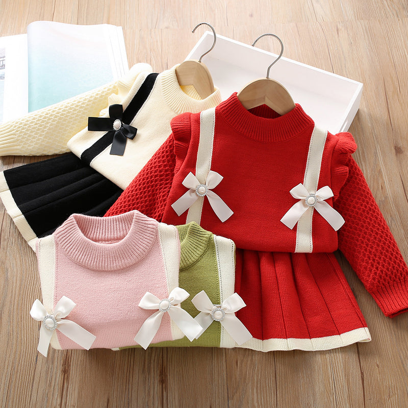 Bowknot Knitted Long-sleeved Pullover Two-piece Suit