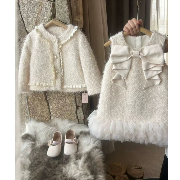 Girls White Warm Coat Bow Vest Dress Princess Dress