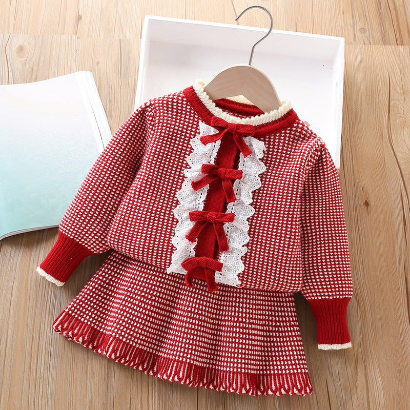 Baby Bow Knitted Long Sleeve Cardigan Two-Piece Set