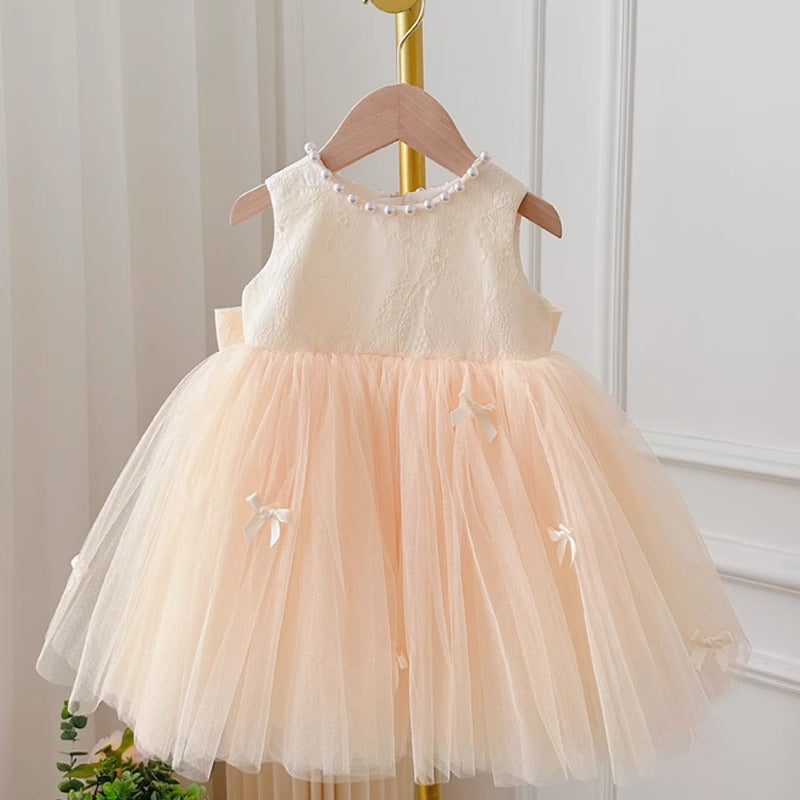 Cute Baby Champagne Bow Fluffy Gauze Dress Toddler Birthday Party Dress