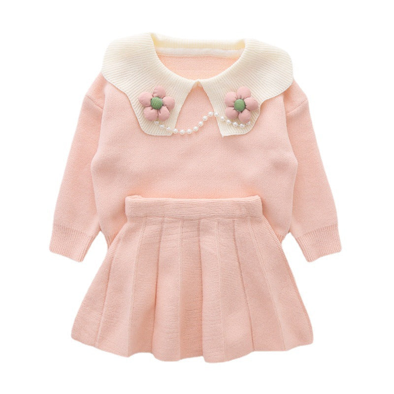 Girls Knitted Dress Necklace Neck Sweater Two-piece Set