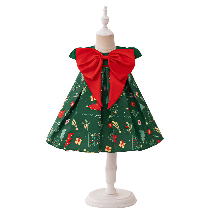 Printing Bow Christmas Dress Baby Girl Christmas Dress Cute Christmas Dress