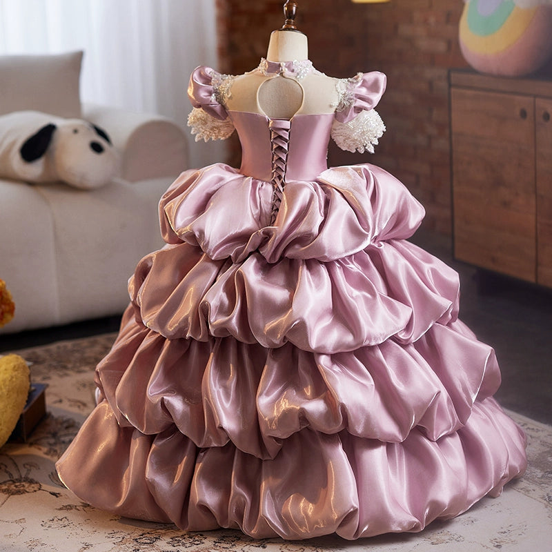 Girls Pink Sequin Dress Flower Girl Wedding Dress Puffy Dress