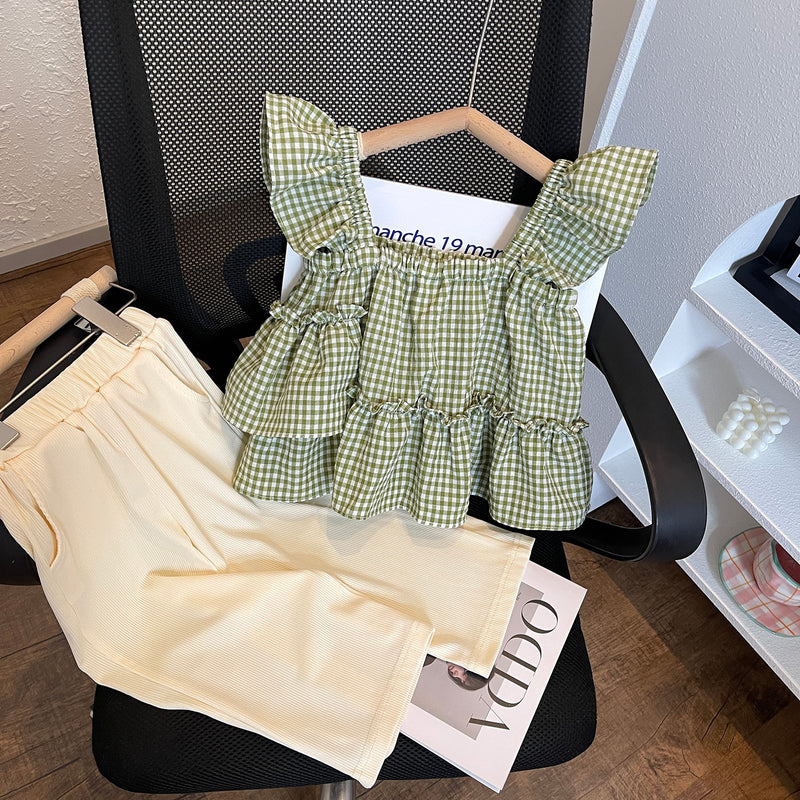 2024 New Girls Summer Suit Plaid Suspender Two-piece Set