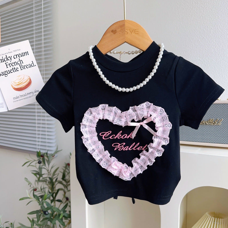 Love Heart T-shirt Mesh Skirt Two-piece Set