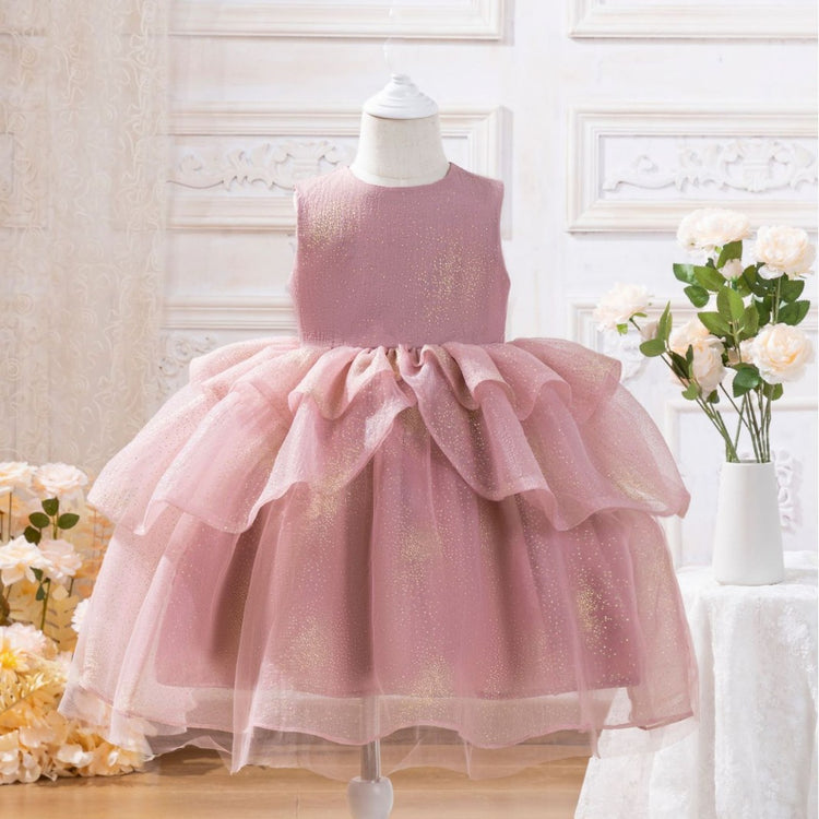 Girls Pink Mesh Princess Dress Sleeveless Puffy Dress Sequin Birthday  Dress