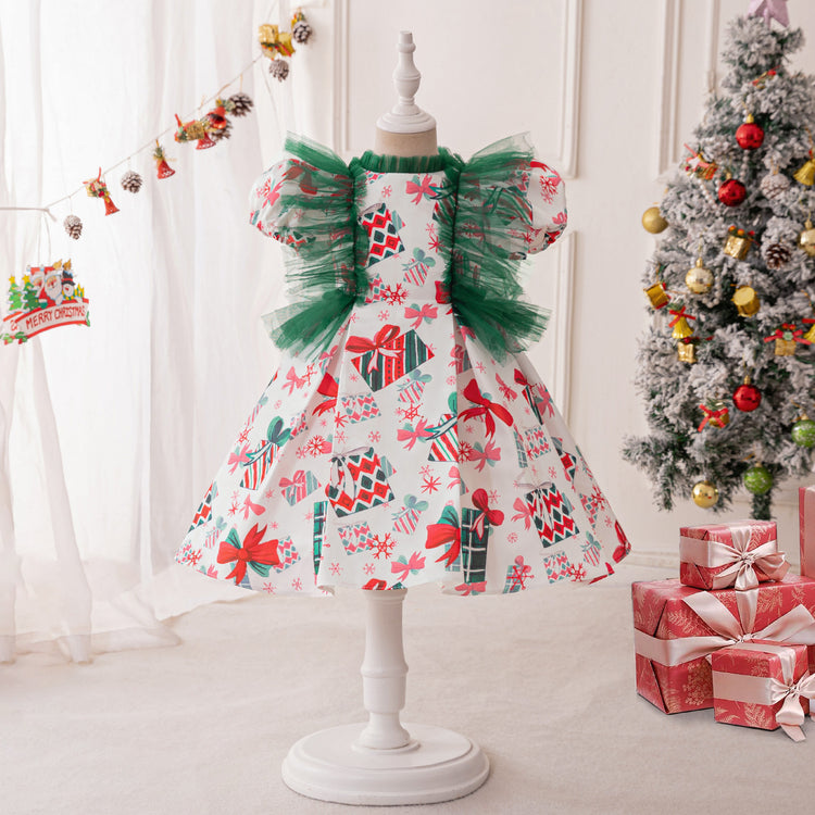 Retro Printing  Christmas Dress Baby Girl Christmas Dress Sequined Christmas Dress