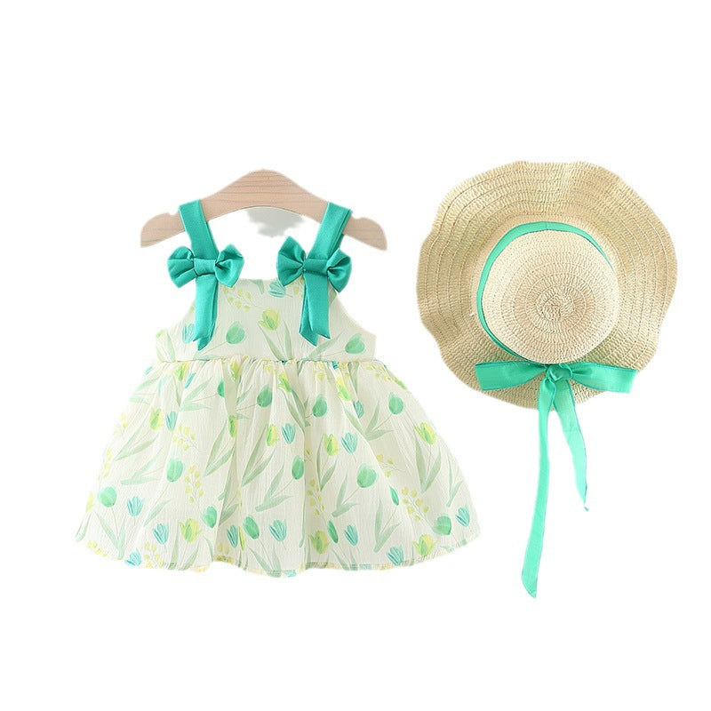 Flower Print Bow Double Layer Princess Dress