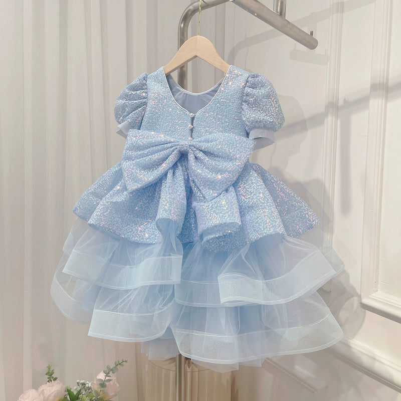 Blue Girls Birthday Sequin Dress Children's Puff Sleeve Party Princess Dress