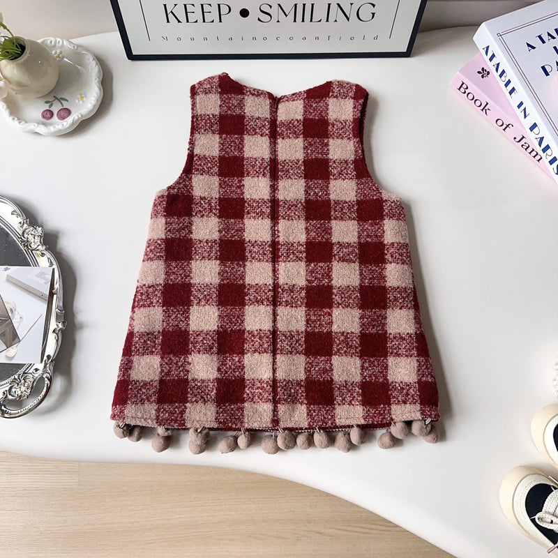 Girls Winter Suits Girls Plaid Woolen Coat Vest Skirt Two-piece Suit